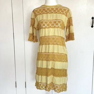 Mexican Wedding Dress, Yellow Cotton Lace and Pin Tuck Detailing, Size S